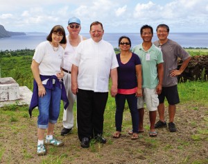The GM photo crew, (L–R) Katherine, Fr. Pat, Fr. Bill, Imelda, Wilson and Brian at the Kauhako crater.