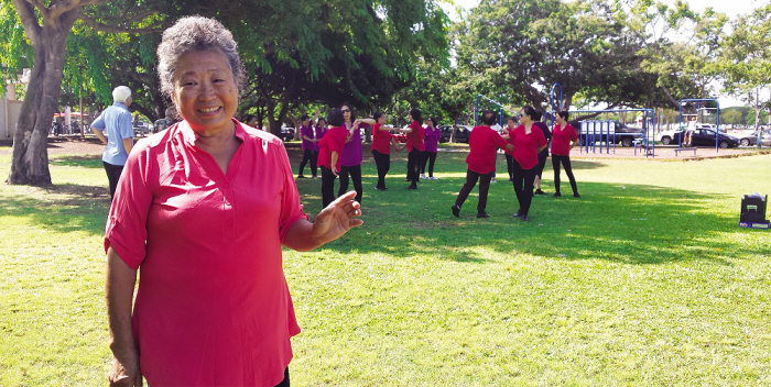 Judy Wu coordinates and teaches a healthy, happy dance class that meets every week at the Hawaii Chinese Culture & Education Center. When the center is closed, they dance in the park.