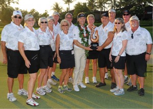 Bernhard Langer celebrates his 2014 win at the Mitsubihi Electric Championship at Hualalai with Kona Rotary Volunteer Chairpersons.