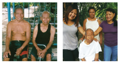 Left: Mom and Dad in their earlier years just having fun. Center: Uncle Pilo is all smiles with his only living brother. Right: Dad and his caregivers. Jonalyn, left, was his primary caregiver and Sonya and Liza were her support help.