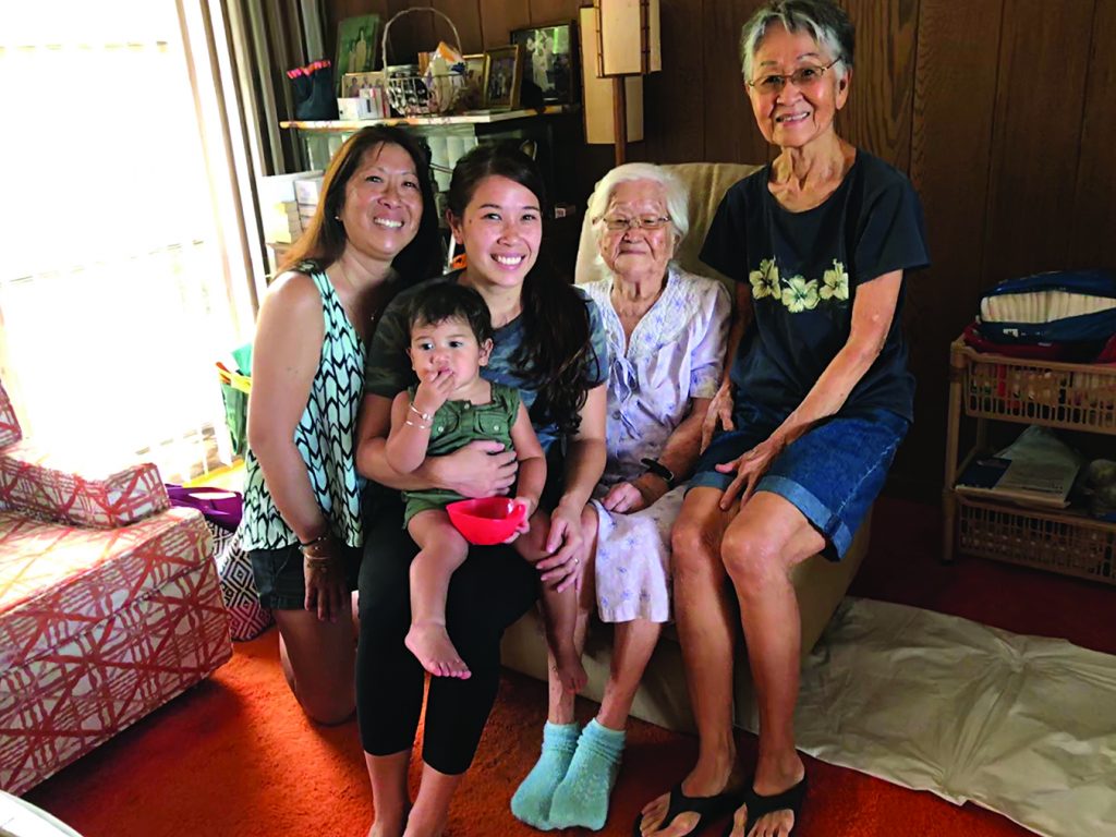 The generational caregiving team. L-R: Terri, Megan and Ale‘a (baby), Kazue and Gladys.