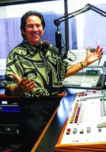 Harry B. Soria, Jr. broadcasts “Territorial Airwaves” in a modern studio. Above: Young traditional musicians Raiatea Helm and Nā Hoa tapped into Harry B.’s territorial music collection to discover authentic vintage tunes and lyrics that helped them develop their successful careers.