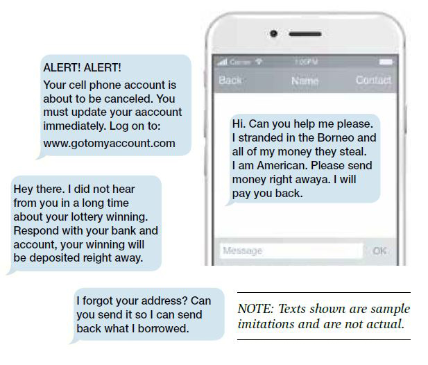 Graphic showing examples of spoofed text messages