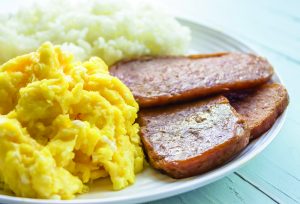 Photo of eggs, spam and rice