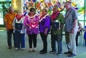 (L–R) Rep. Gregg Takayama; Maui County awardees Dorothy Tolliver; Juliana Patao and Christina Eckhart, the daughters of Mrs. Louise Corpuz (deceased); and Kimokeo Kapahulehua.