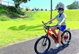 Recently retired Maui schoolteacher Sharon Heinzman loves her new e-bike. “Its all the fun of a bike ride without all of the work battling Upcountry’s hilly terrain.”