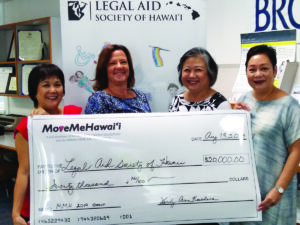 Beta Beta Gamma and the Hawaii State Bar Foundation awarded more than $70,000 to nonprofits like The Legal Aid Society of Hawaii as part of their joint MoveMeHawai‘i community education and fundraiser in 2019. (L–R): Cheryl Kakazu Park, Angela Lovitt (Legal Aid Society of Hawaii), Wendy Ann Kuwahara, Lynne Toyofuku (Hawaii State Bar Foundation). 